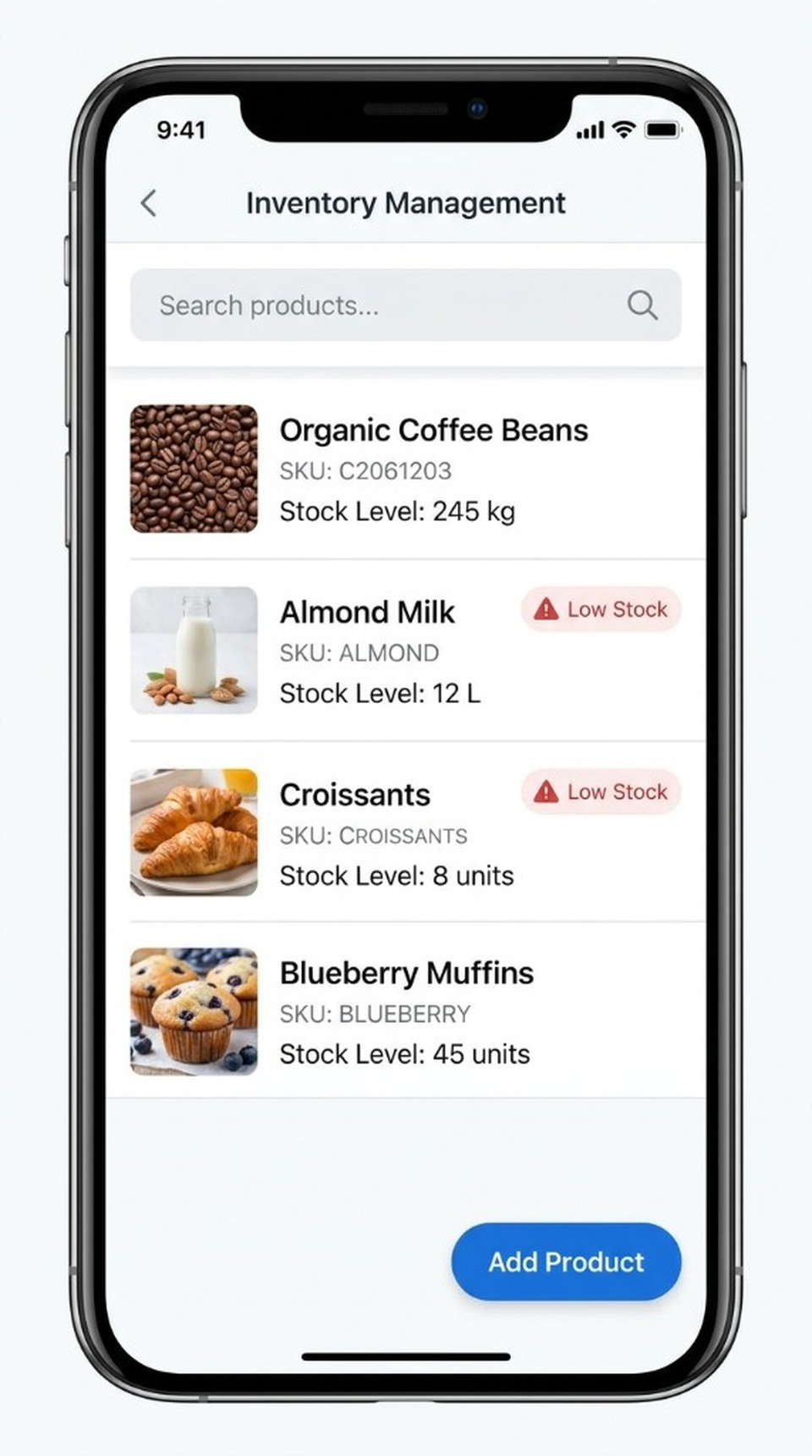 ProPOS inventory management with stock levels and low-stock alerts