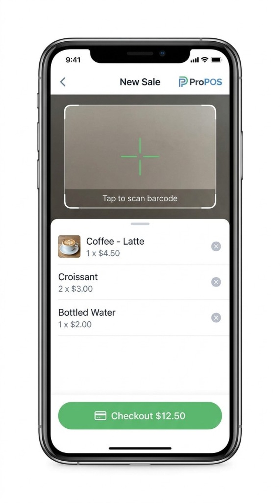 ProPOS new sale screen with barcode scanner and checkout cart