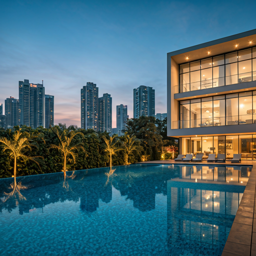 Skyline Vista Estate — luxury villa with infinity pool overlooking Mumbai skyline at twilight